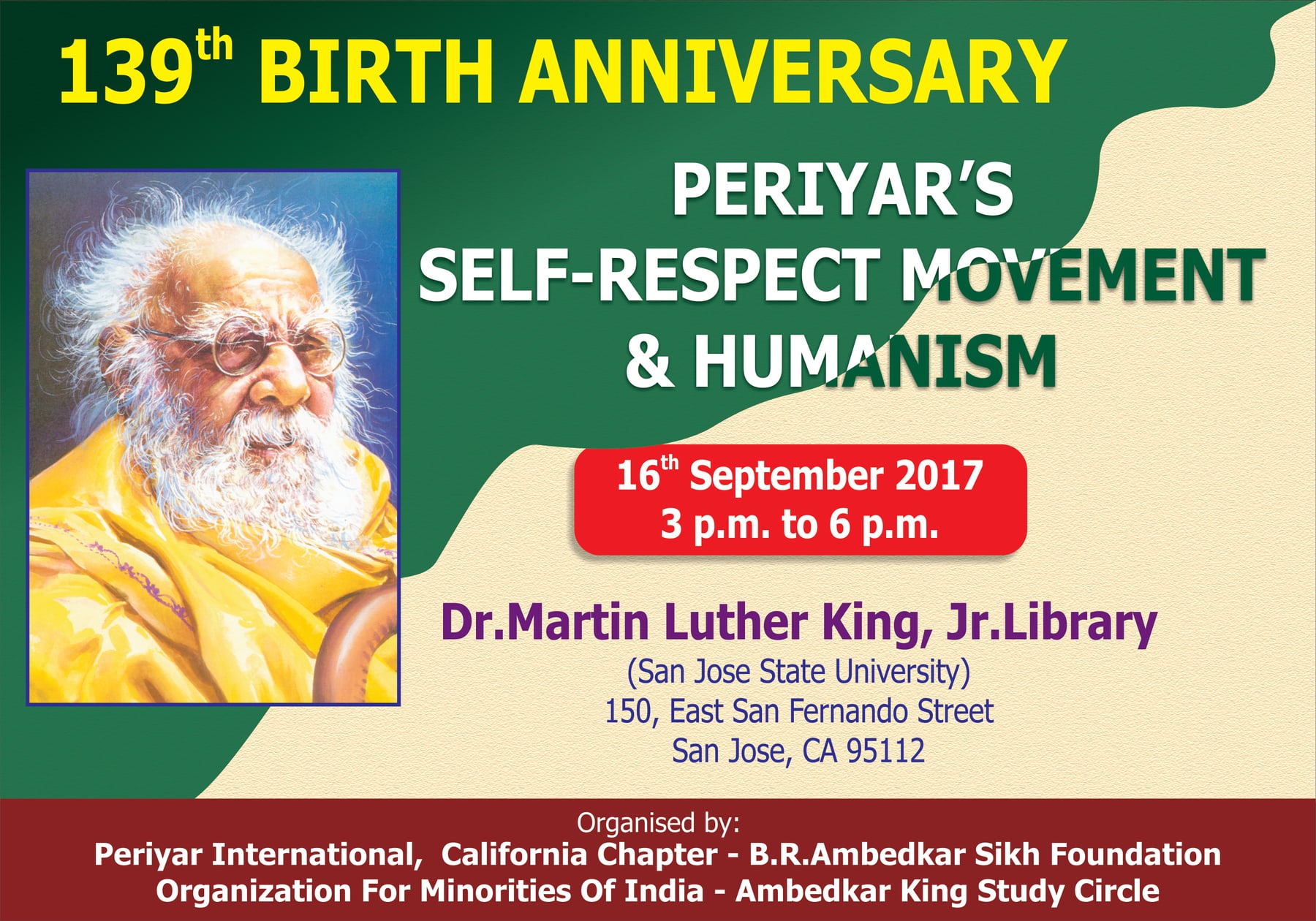Green-and-cream flyer with a portrait of Periyar announcing his 139th birth anniversary program on the Self-Respect Movement and humanism in San Jose.